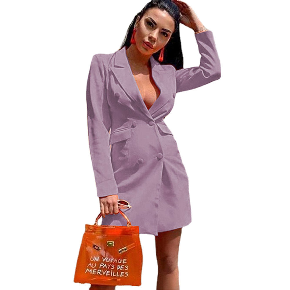 Women's Fitted Blazer Dress in Double-Breasted Style with Notched Collar and Flap Pockets