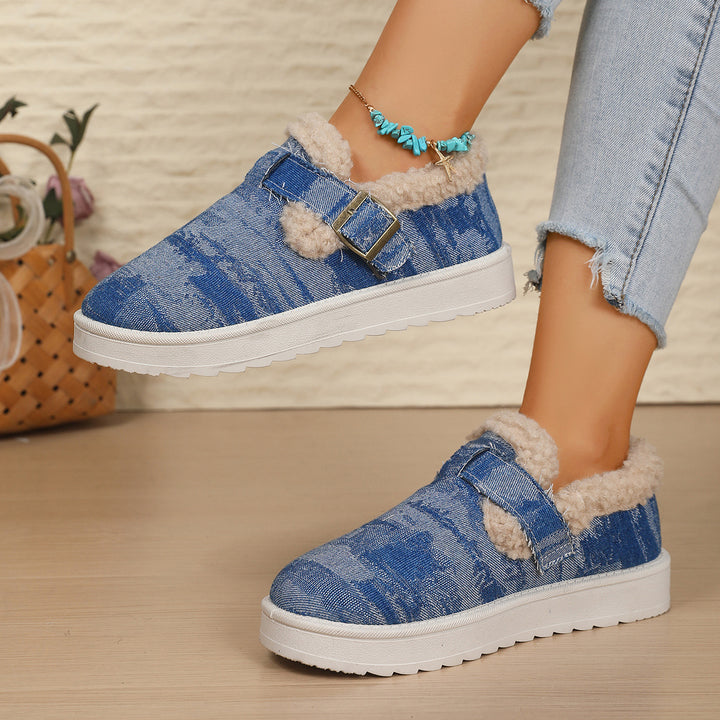 Women's Padded Denim Slip-On House Slippers with Teddy Lining and Adjustable Buckle Strap Mune Fashion