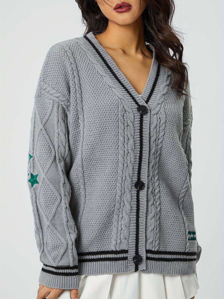 Women's oversized cable-knit cardigan with V-neck and contrasting knit edges Mune Fashion