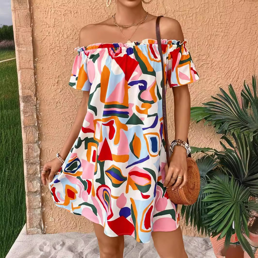 Women off-the-shoulder A-line mini dress with elastic smocked neckline and ruffled sleeves Mune Fashion