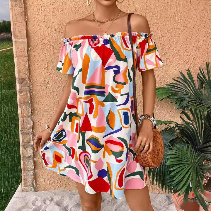 Women off-the-shoulder A-line mini dress with elastic smocked neckline and ruffled sleeves Mune Fashion