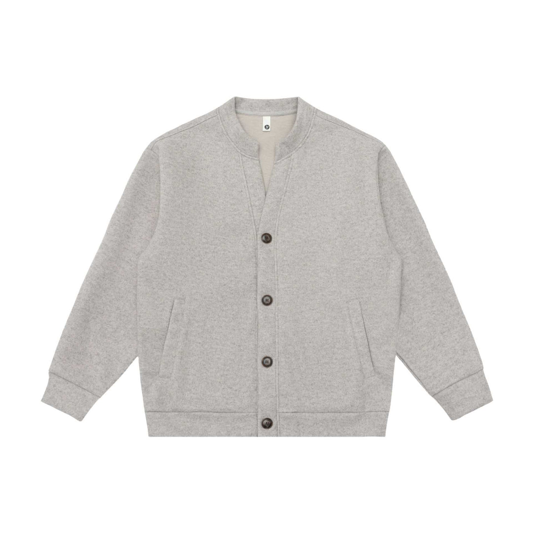 Unisex Short Cut Knitted Jacket in Boxy Bomber Style with Standing Collar and Button Placket Mune Fashion