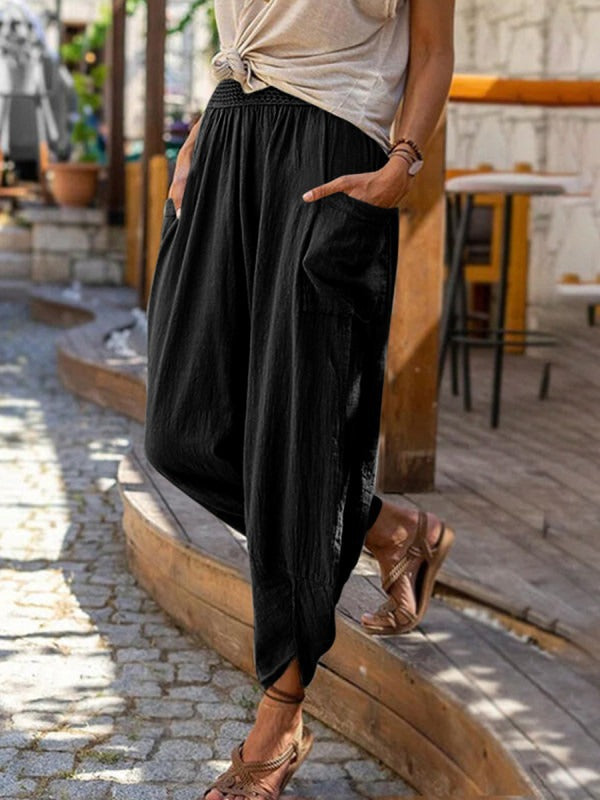 Women’s casual harem pants with elastic smock waistband, patch pockets, and gathered ankle cuffs Mune Fashion