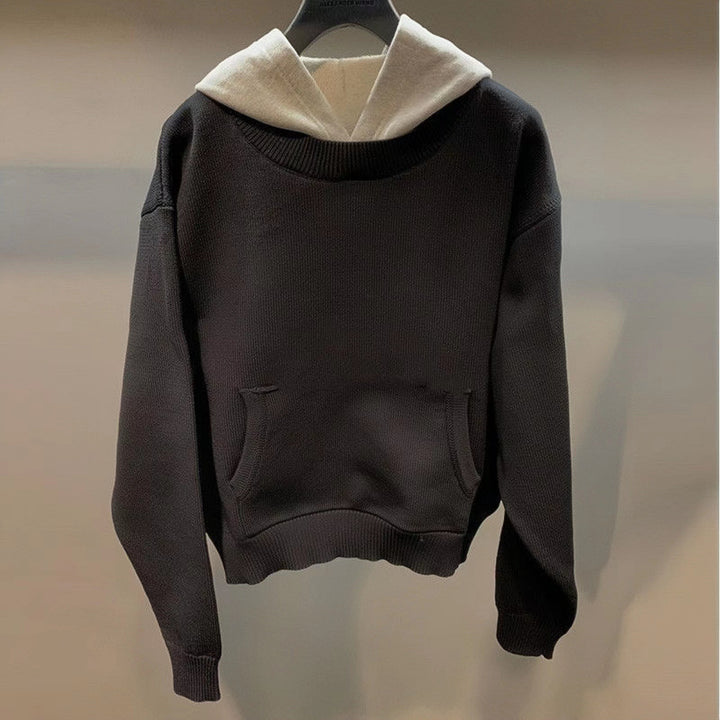 Unisex Chunky Knitted Layered Look Sweatshirt with Contrast Hood and Kangaroo Pocket Mune Fashion
