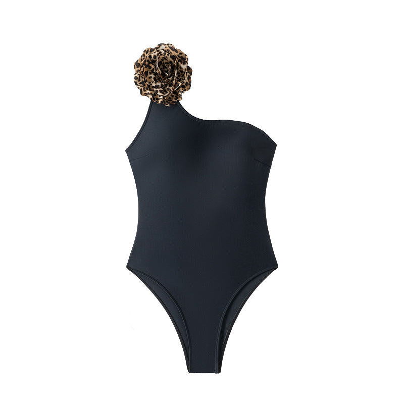 Ladies One-Sided Swimsuit with Elegant Animal Pattern and Floral Accent Mune Fashion