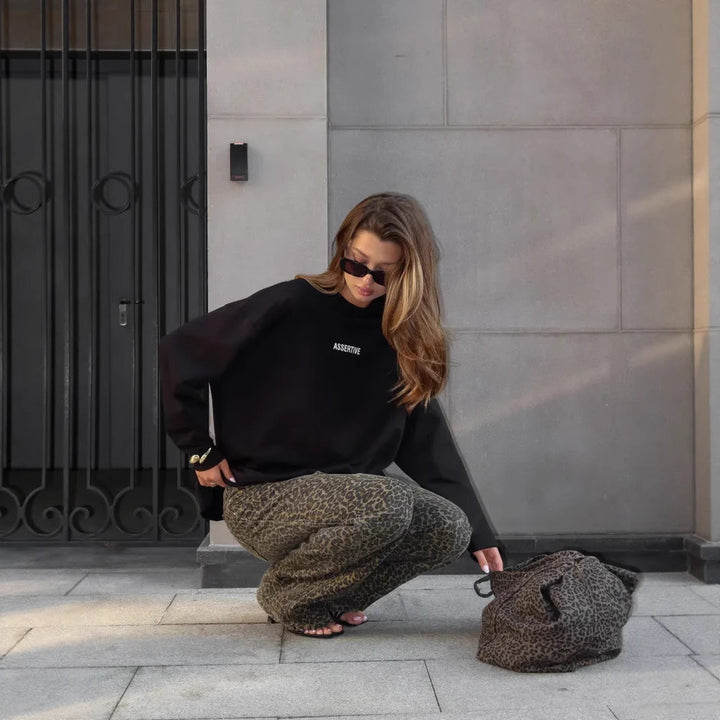 Women Oversized Long Sleeve Sweatshirt with Statement Print and Round Neckline Mune Fashion