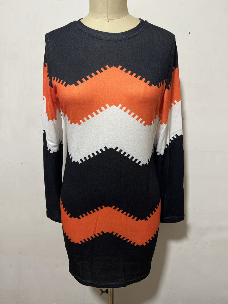 Women's long sleeve knit dress with chevron pattern, straight hem, and body-flattering fit Mune Fashion