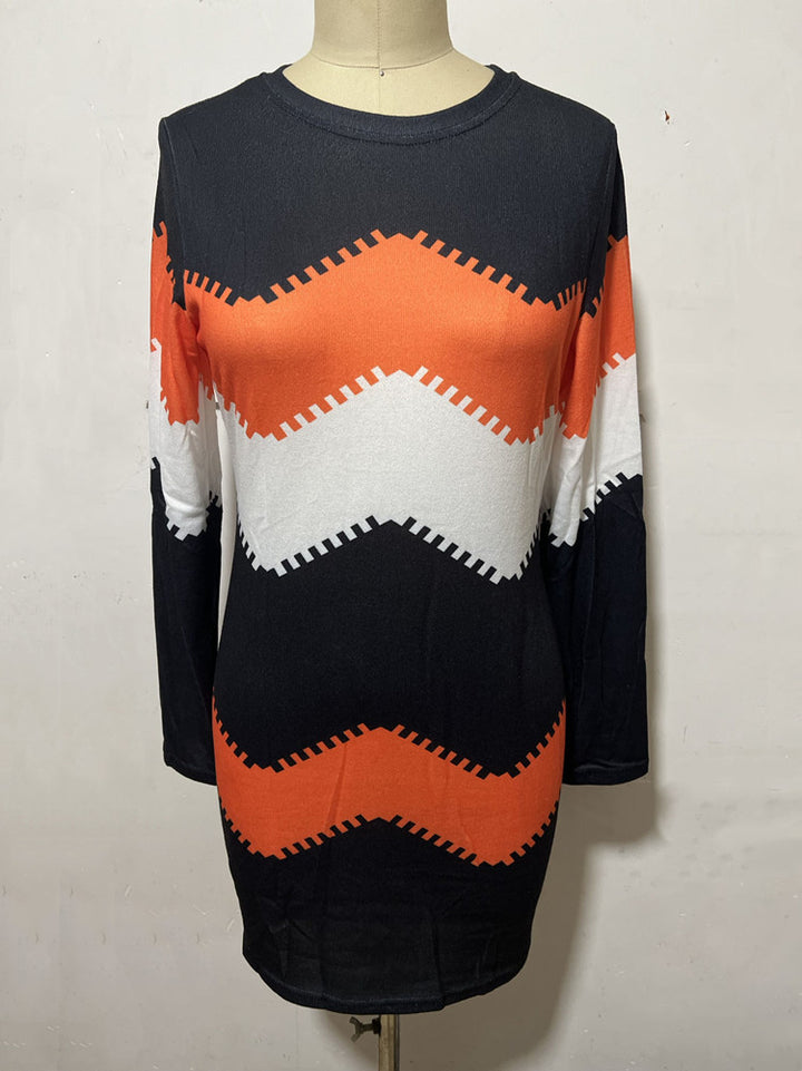 Women's long sleeve knit dress with chevron pattern, straight hem, and body-flattering fit Mune Fashion