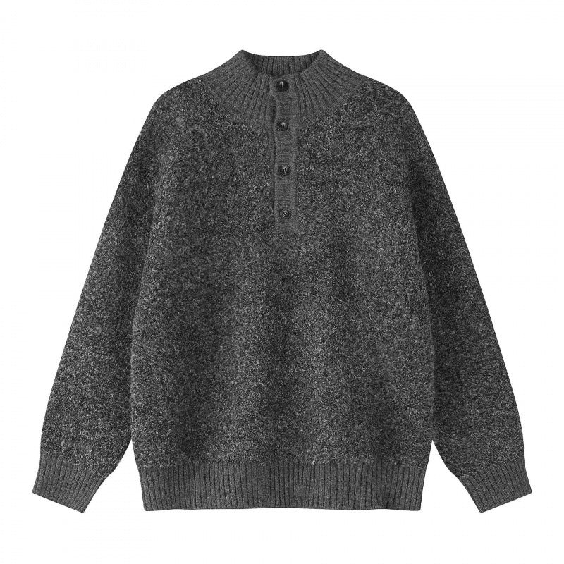 Unisex Boxy knit sweater with Henley button placket and raised ribbed collar Mune Fashion