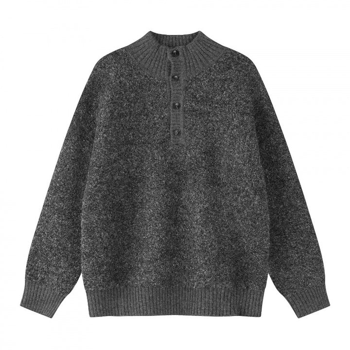Unisex Boxy knit sweater with Henley button placket and raised ribbed collar Mune Fashion