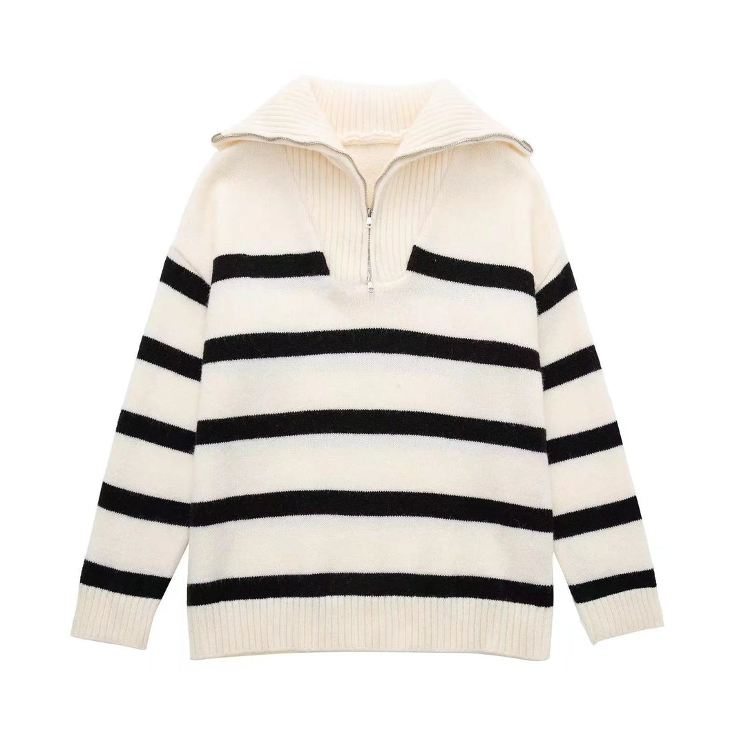 Women's Striped Half-Zip Knit Sweater with Ribbed Collar Mune Fashion