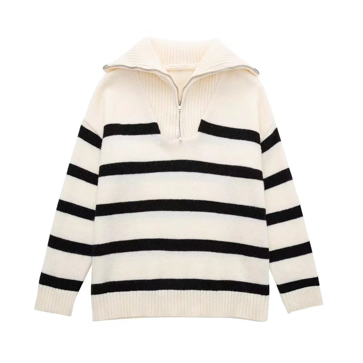 Women's Striped Half-Zip Knit Sweater with Ribbed Collar Mune Fashion