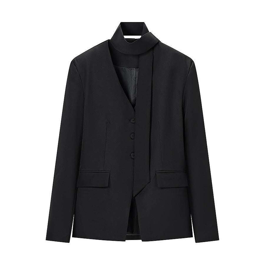 Women's Tailored Short Blazer with Bow, V-Neck and Patch Pockets Mune Fashion