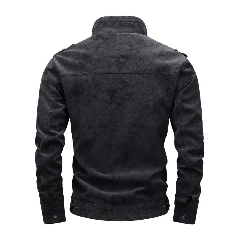 Men's utility faux leather jacket with stand-up collar, shoulder flaps, and multiple chest pockets Mune Fashion