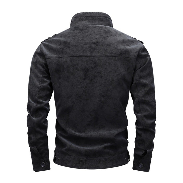 Men's utility faux leather jacket with stand-up collar, shoulder flaps, and multiple chest pockets Mune Fashion