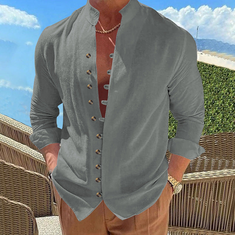 Men's long-sleeved stand-collar shirt made from a lightweight linen-viscose blend with asymmetric decorative button placket Mune Fashion