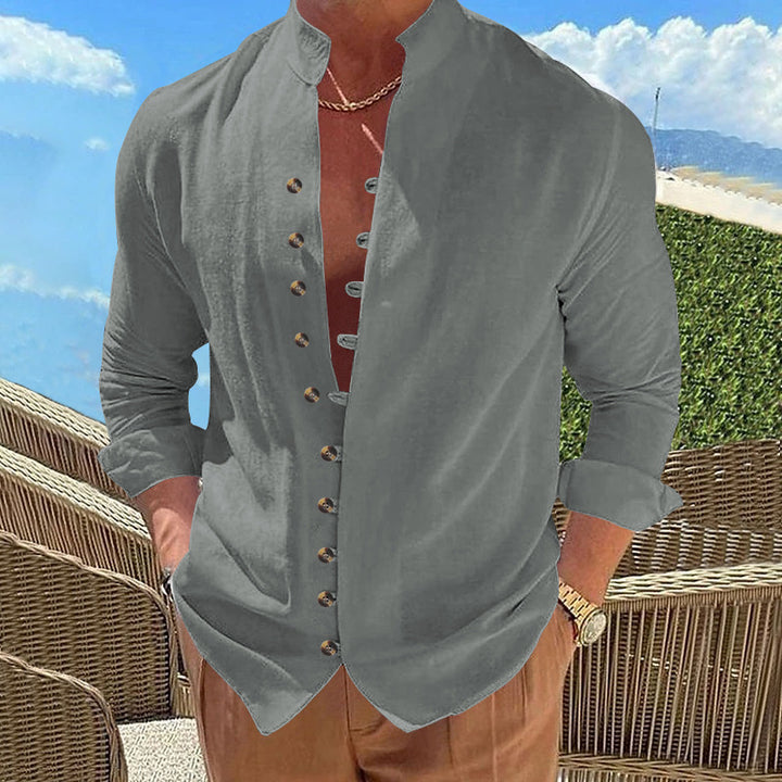 Men's long-sleeved stand-collar shirt made from a lightweight linen-viscose blend with asymmetric decorative button placket Mune Fashion