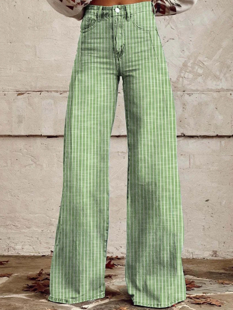 Women's wide trousers with a high waistband in linen look and vertical pinstripes flared trousers Mune Fashion