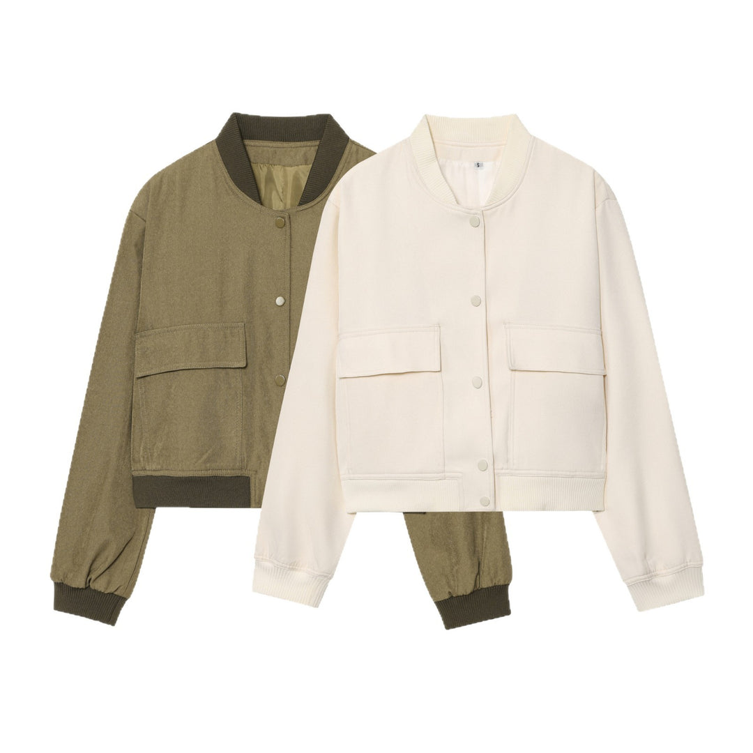 Women's Cropped Boxy Jacket with Snap Buttons, Large Patch Pockets and Ribbed Cuffs Mune Fashion