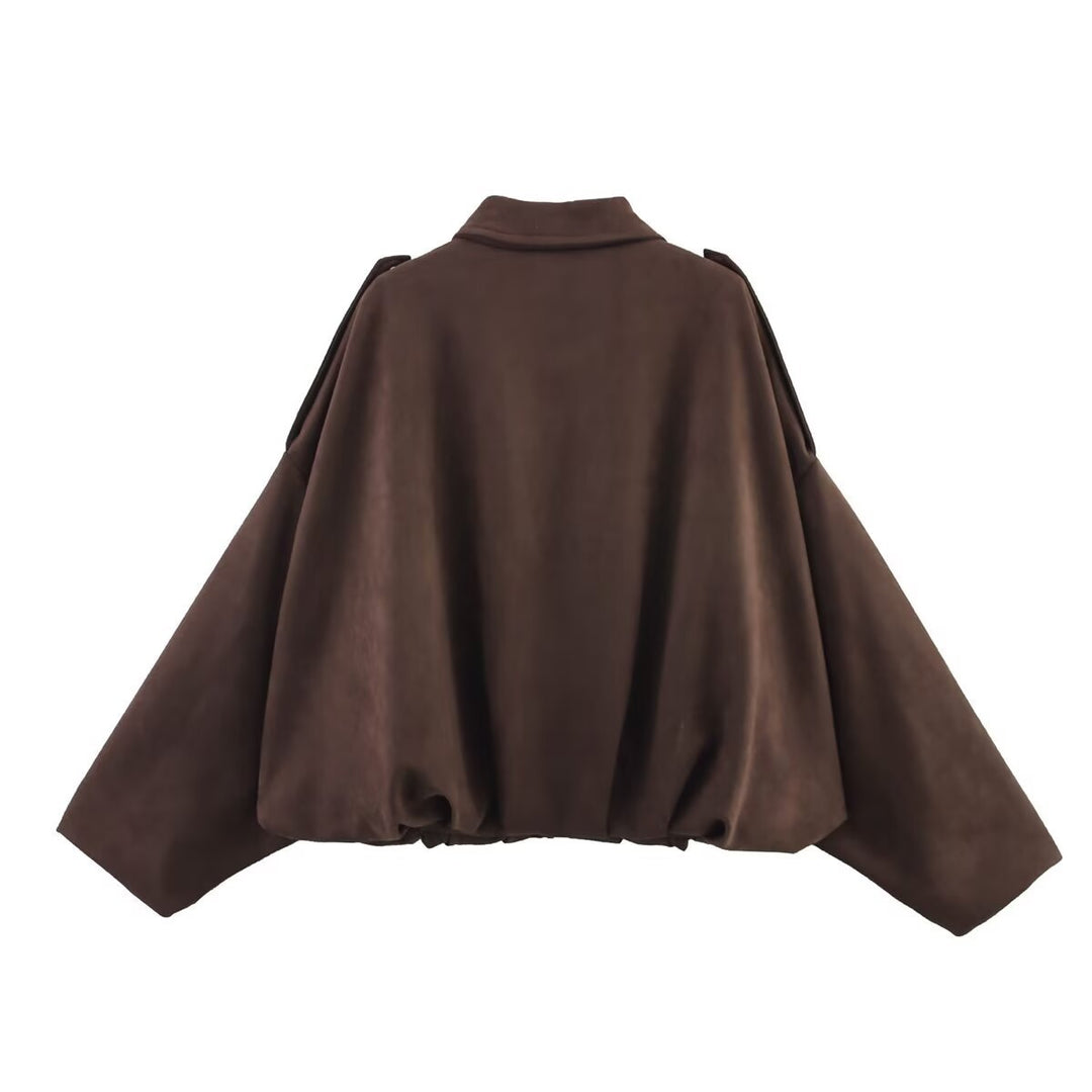 Women's short-cut bomber jacket in suede look with dropped shoulders, epaulettes, and elastic hem Mune Fashion