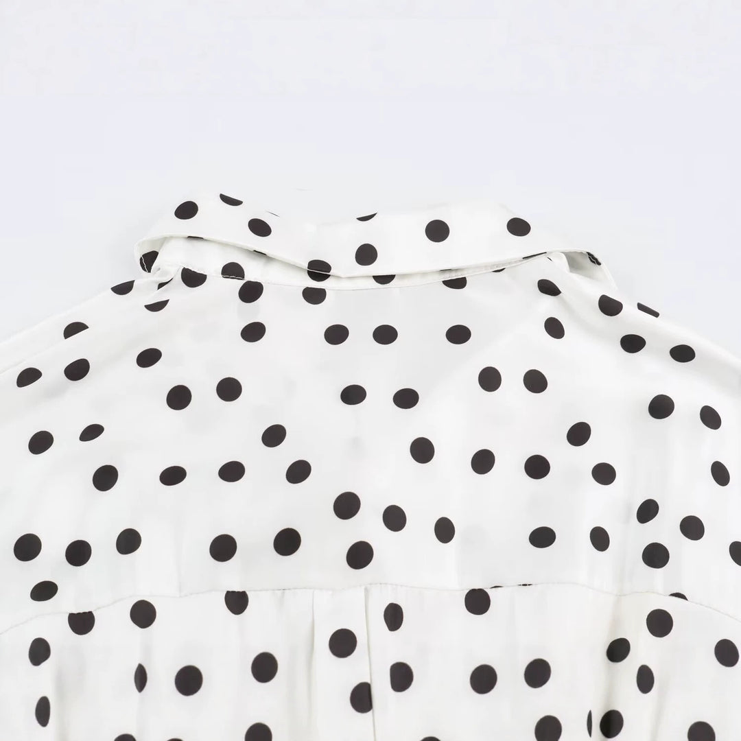 Women's Polka Dot Cropped Blouse with Wide Waist Belt and Balloon Sleeves Mune Fashion