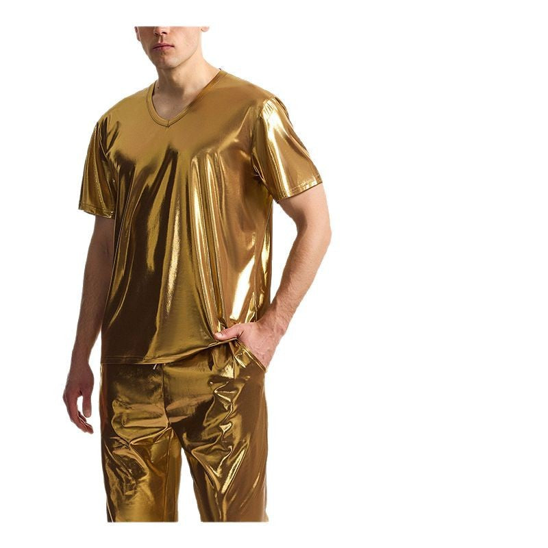 Men's Sporty Set Made Of Shiny Material with V-Neck Mune