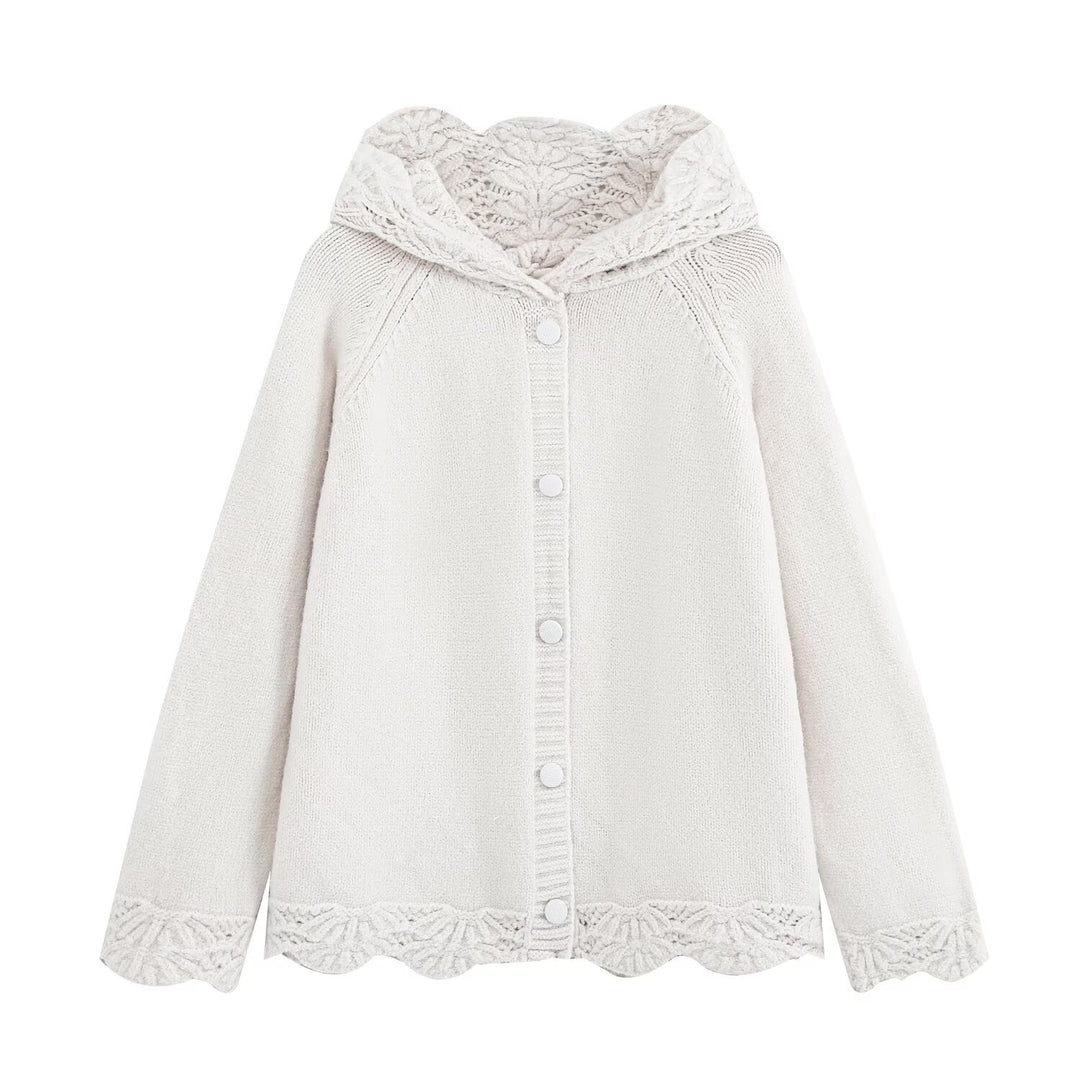 Women's fine knit cardigan with hood, button placket and crocheted trim Mune Fashion