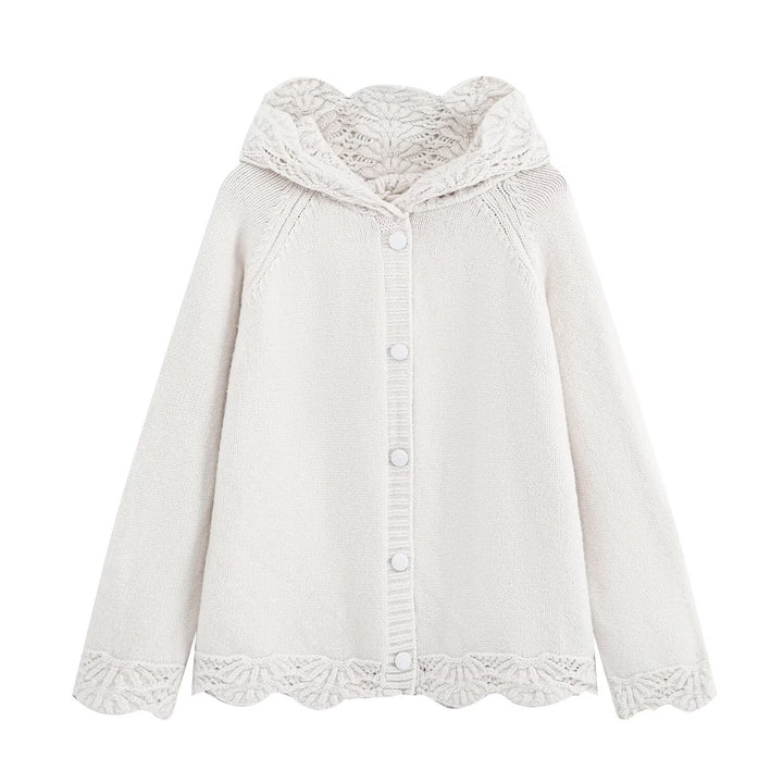 Women's fine knit cardigan with hood, button placket and crocheted trim Mune Fashion
