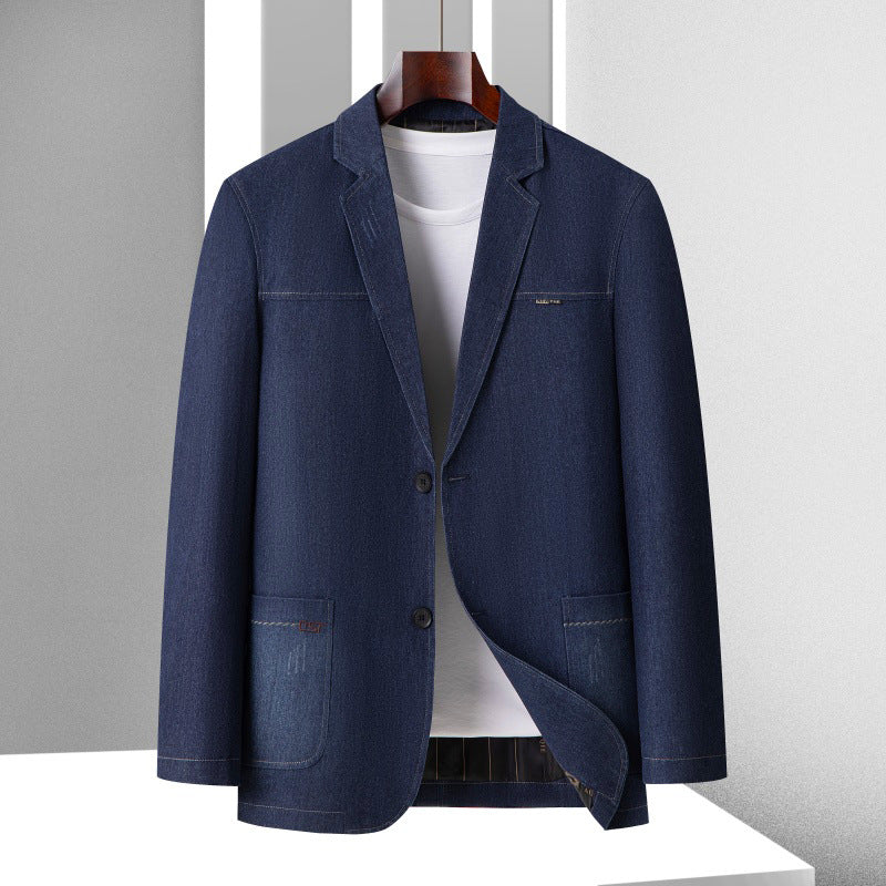 Men's Casual Denim Blazer with Patch Pockets and Light Stretch Mune Fashion