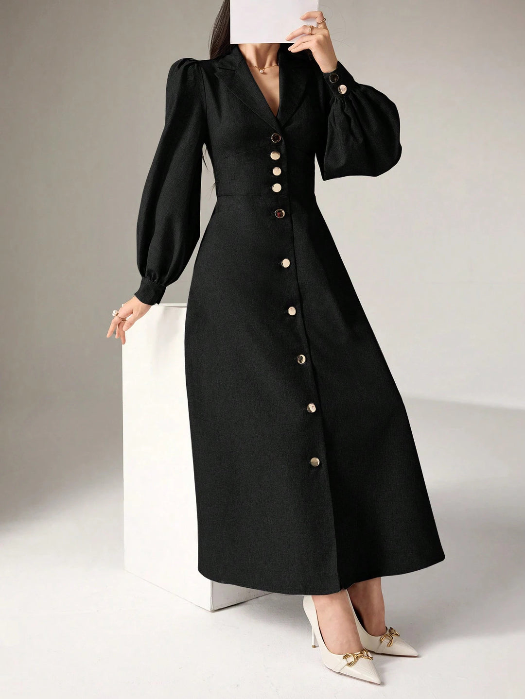 Women's Tailored Midi Dress with Balloon Sleeves and Notched Collar Mune Fashion