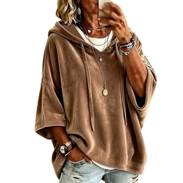 Ladies Luxurious Velvet Hoodie with Kimono Short Sleeves and Drawstring Mune Fashion