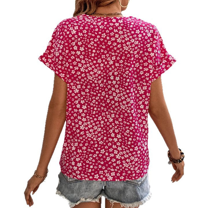 Women's lightweight viscose short sleeve blouse with V-neck, heart decorative button placket and casual hip length Mune Fashion