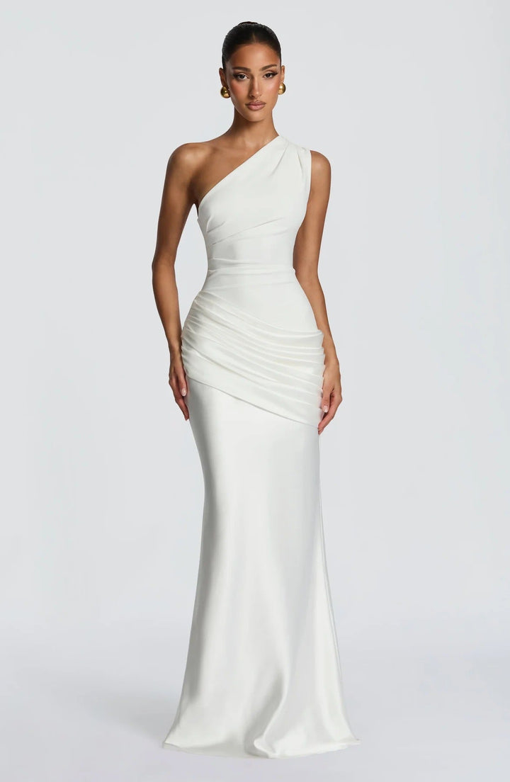 Women's elegant asymmetrical satin evening dress with drape design Mune Fashion