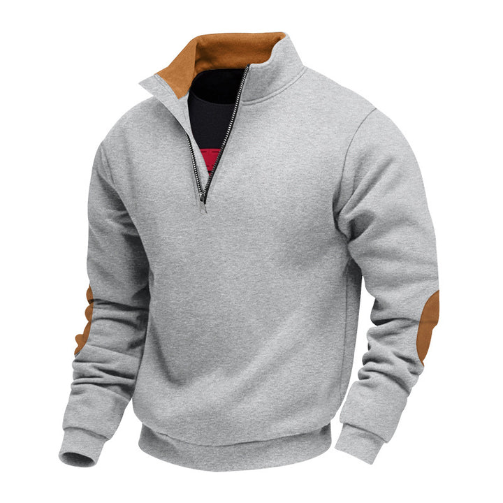 Men's nan Sweatshirt with half zipper, stand collar, and suede elbow patches Mune Fashion