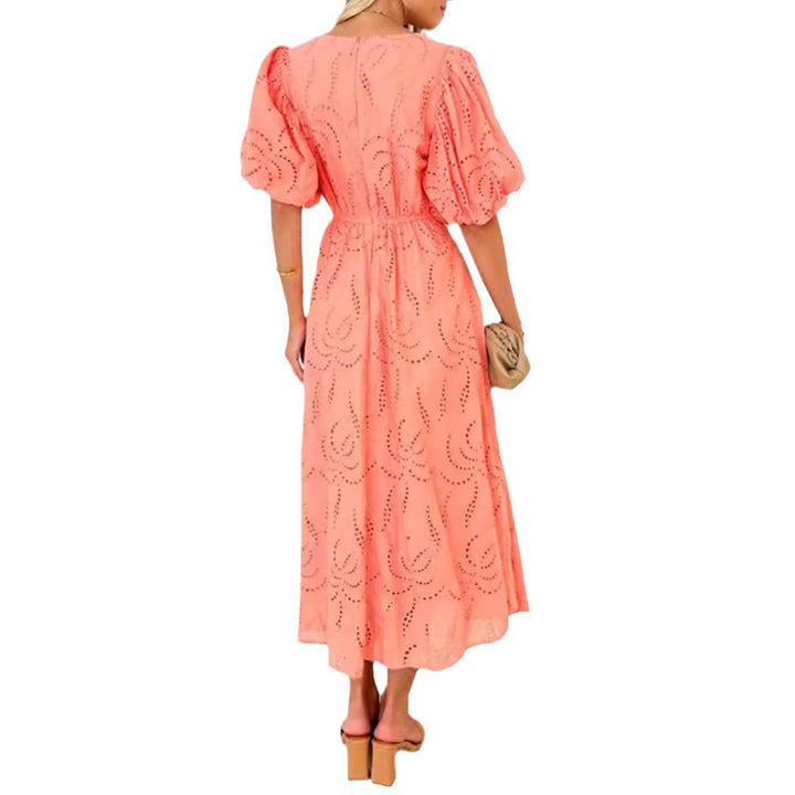 Women’s tailored mid-length dress with embroidery eyelet and voluminous balloon sleeves Mune Fashion