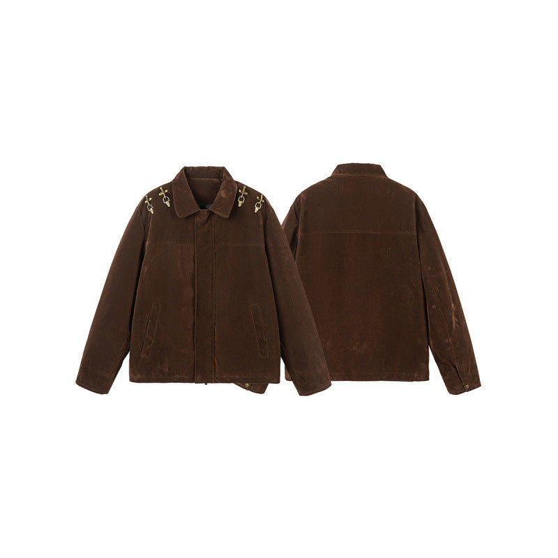 Men's short jacket made of suede look with decorative shoulder buckles and concealed zipper Mune Fashion