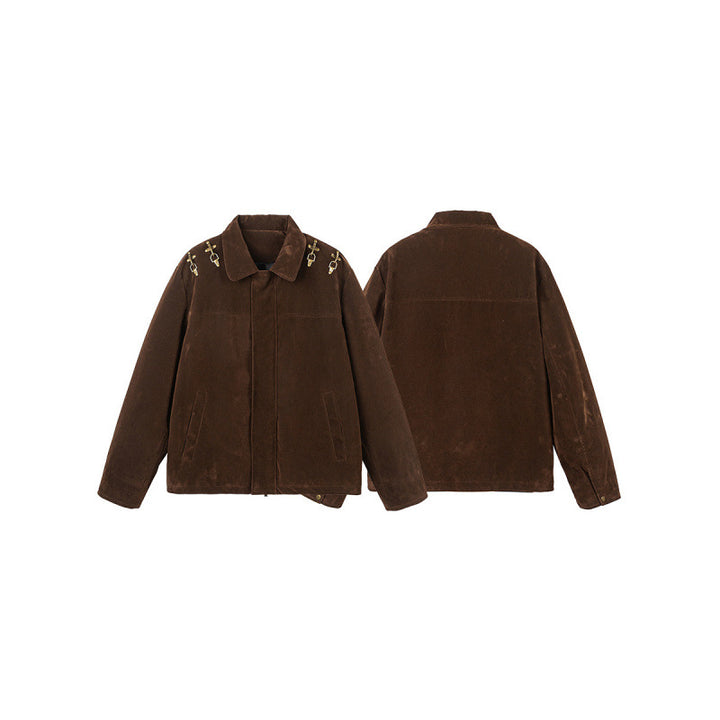 Men's short jacket made of suede look with decorative shoulder buckles and concealed zipper Mune Fashion