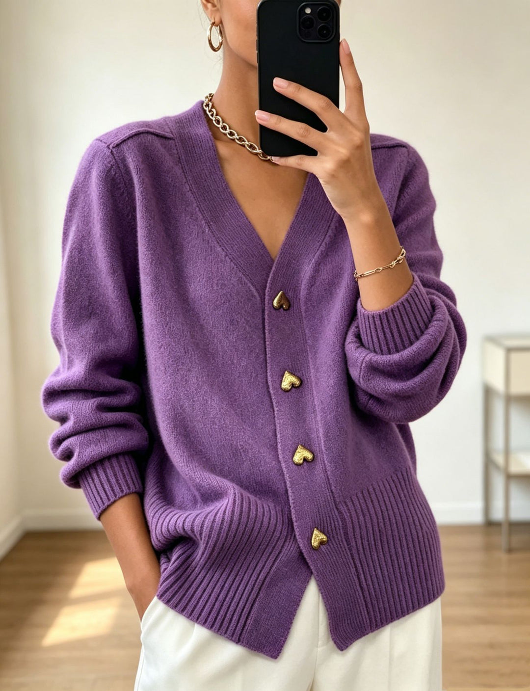 Women Oversize V-Neck Knit Cardigan with Heart-Shaped Decorative Buttons Mune Fashion