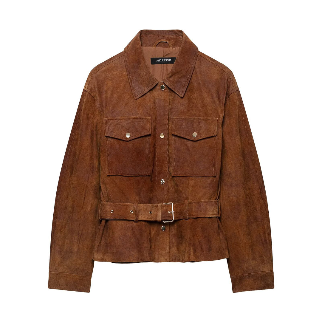 Women's short jacket in safari style made of suede with waist belt and patch chest pockets Mune Fashion