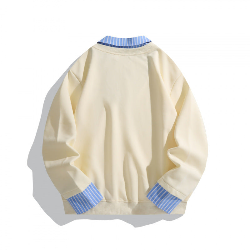 Unisex Layered Look Sweatshirt with V-Neck, integrated Shirt Collar and Striped Cuffs Mune Fashion