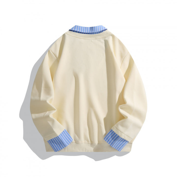 Unisex Layered Look Sweatshirt with V-Neck, integrated Shirt Collar and Striped Cuffs Mune Fashion