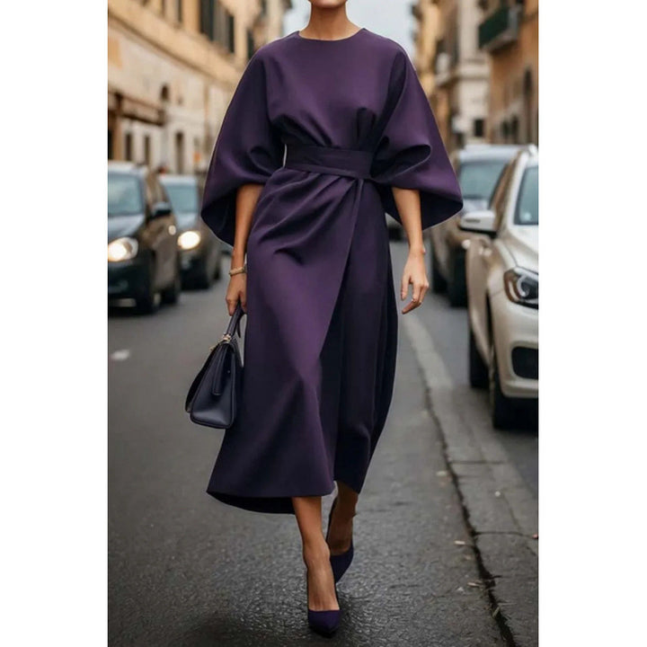 Ladies Elegant Midi Dress with Wide Kimono Sleeves and Fitted Wrap Waist Mune Fashion