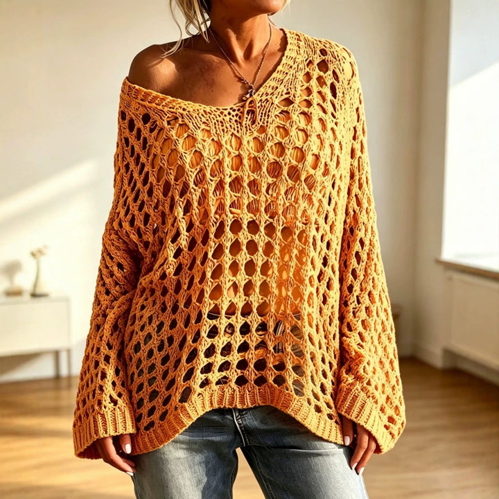 Women Loose Crocheted Oversize Lacy Sweater with V-Neck Mune Fashion