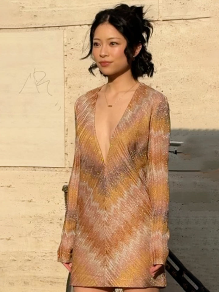 Women Sparkling Knit Mini Dress with Deep V-Neck Mune Fashion