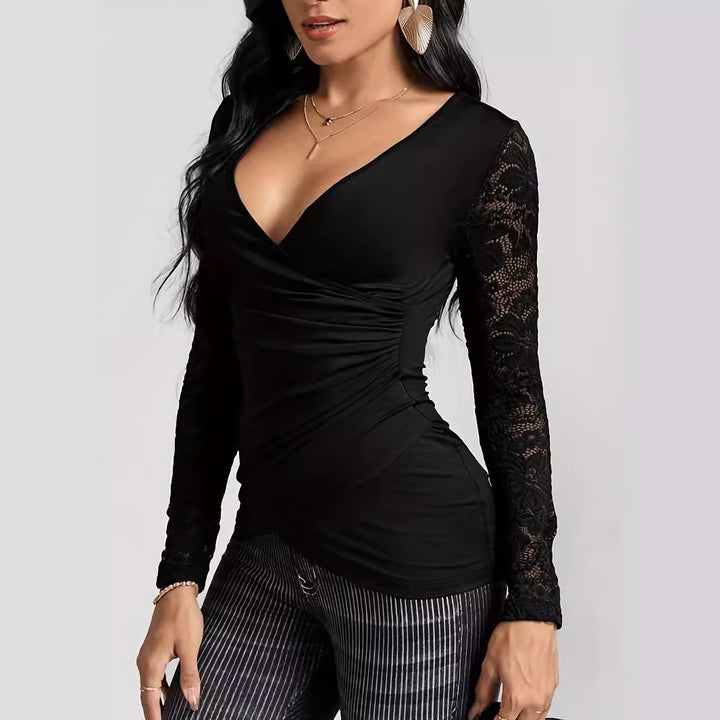 Women's fitted draped top with deep V-neck, gathers, and floral lace sleeves Mune Fashion