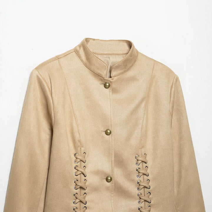 Women's suede short jacket with lacing and standing collar Drune