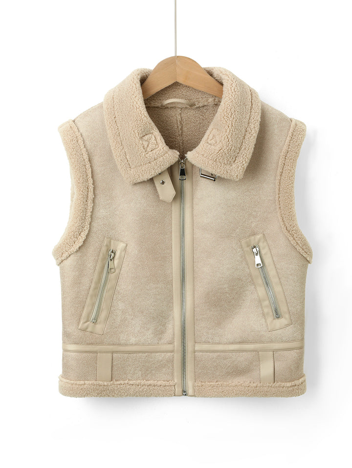 Women's Sleeveless Lambskin Look Vest with Teddy Lining and Zipper Mune Fashion