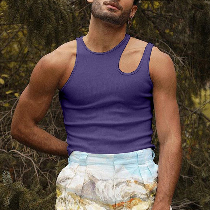 Men's body-hugging tank top with one-sided shoulder cut-out and fine ribbed texture Mune Fashion