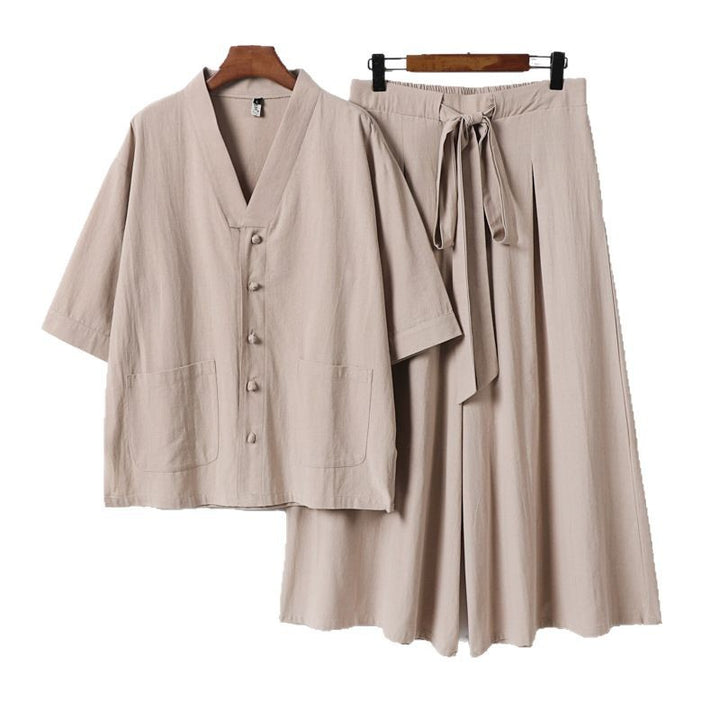 Women Two-Piece Kimono Lounge Set with Short Sleeve Button Jacket, Patch Pockets and Wide Palazzo Pants Mune Fashion
