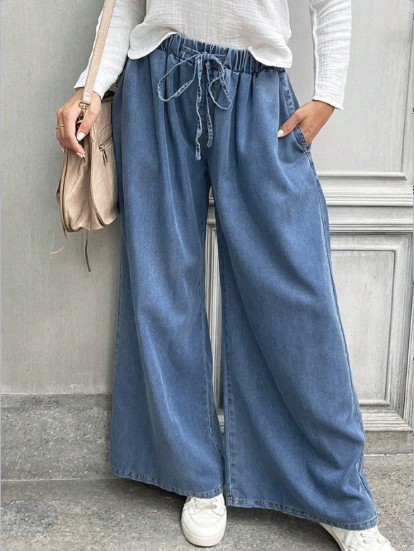 Women's Relaxed Palazzo Jeans with Drawstring Waist, Side Pockets and Extra Wide Leg Mune Fashion